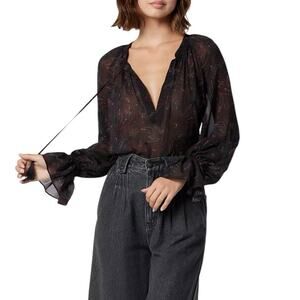 JOIE Cecarina Long Sleeve V-neck Tassel Silk Top caviar multi-Size M